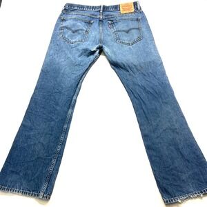 THRASHED Levi's 527 Slim Bootcut Jeans Men 36x32 Blue Tunes Denim Cotton Zip Fly